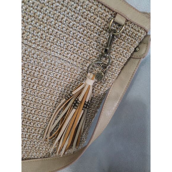 The Sak Hobo Crochet Cross Body Bag Zip Large Beige Brown Leather Tassle - Picture 3 of 9